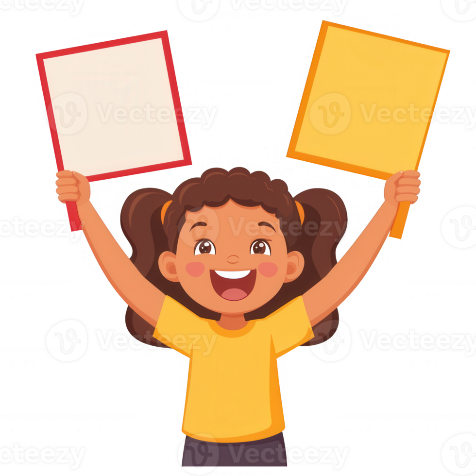 A cheerful girl holding two blank signs, expressing joy and excitement. Perfect for illustrating themes of communication, celebration, or childhood. png
