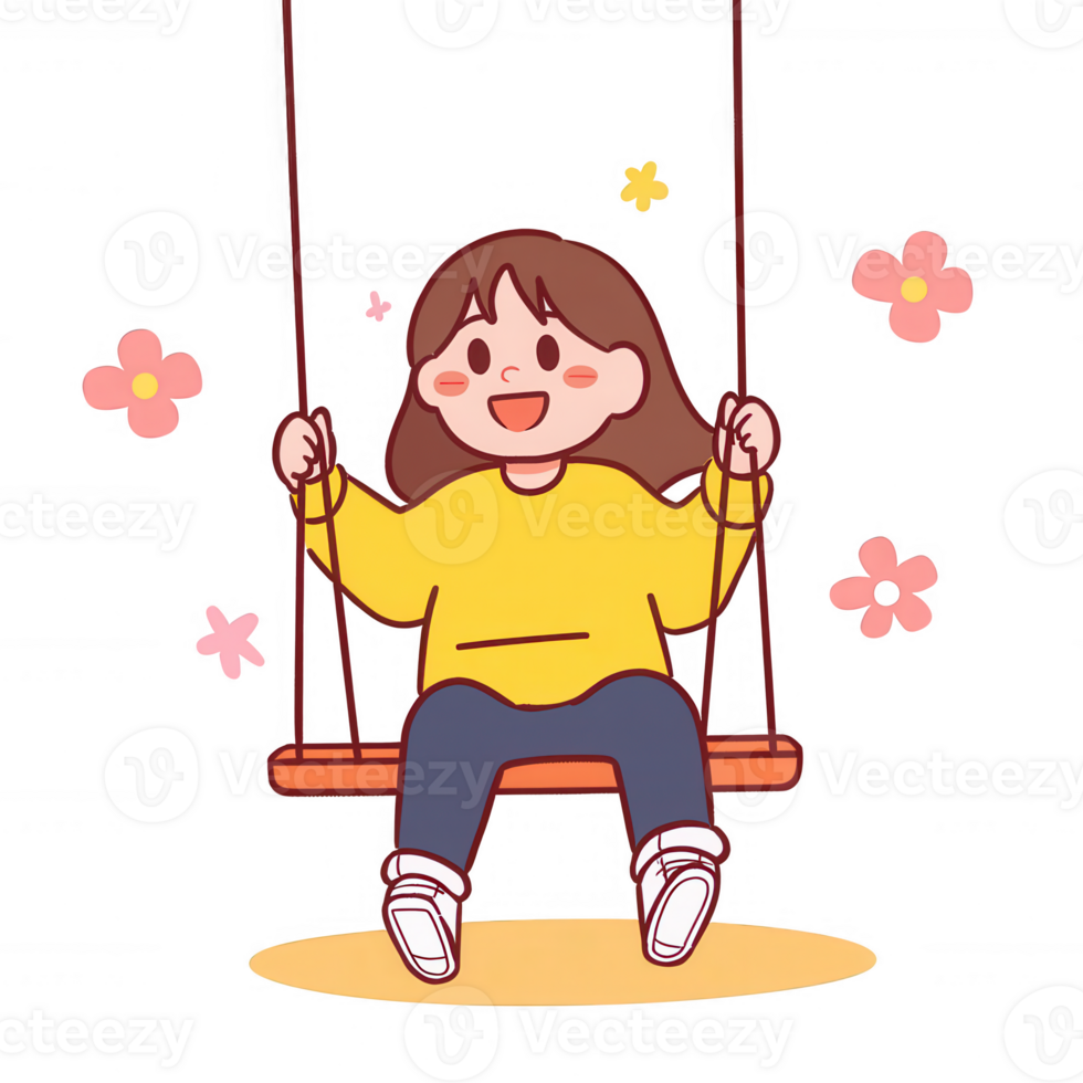 A cheerful girl swinging on a swing under blooming flowers, wearing a yellow sweater, smiling happily, embodying joy and carefree moments in a playful atmosphere. png