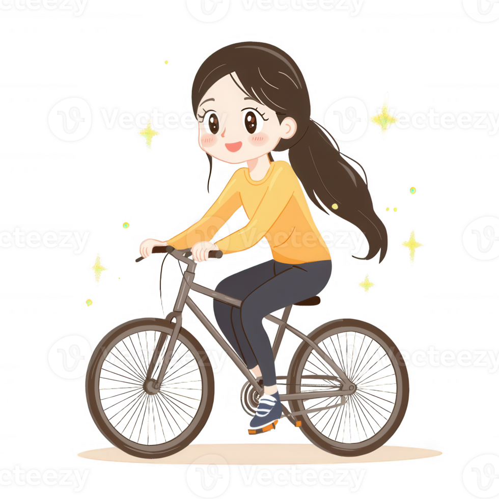 A cheerful girl riding a bicycle, showcasing joy and freedom against a vibrant background. Perfect for themes related to fitness, hobbies, and outdoor activities. png