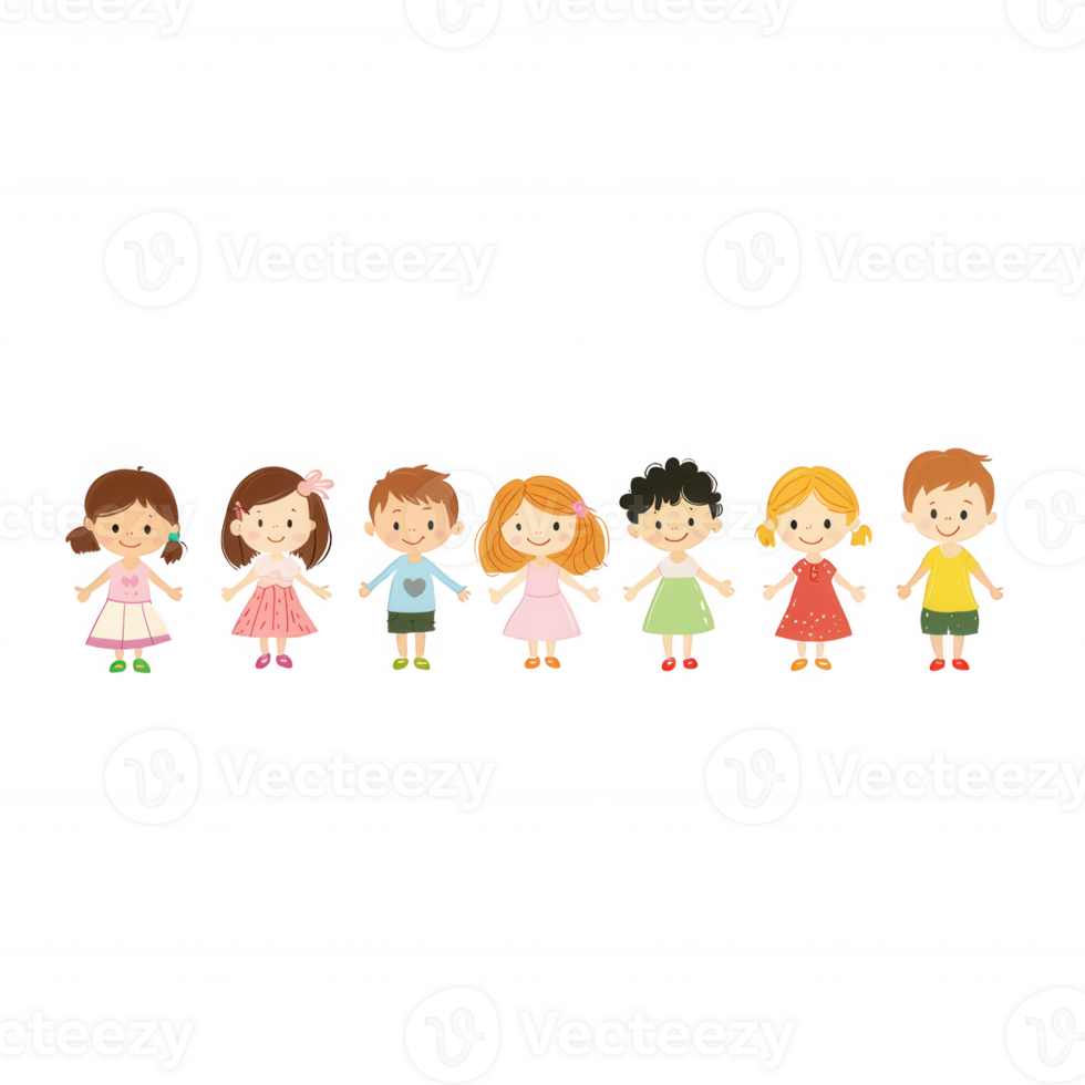 A cheerful group of diverse children standing together in a line, smiling and expressing joy. Each child wears different colorful outfits, showcasing diversity and friendship. png