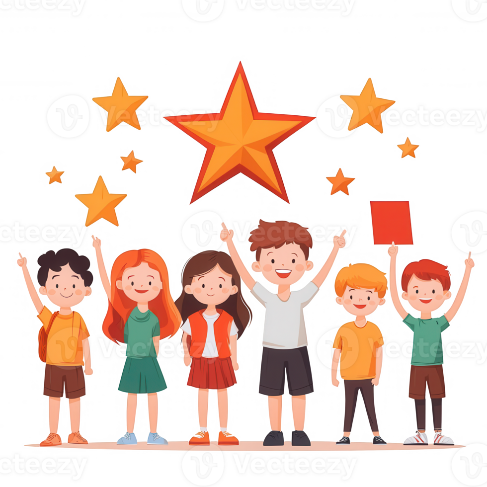 A cheerful group of children celebrating success, holding stars and banners in a vibrant illustration. Perfect for themes of achievement, teamwork, and joy. png