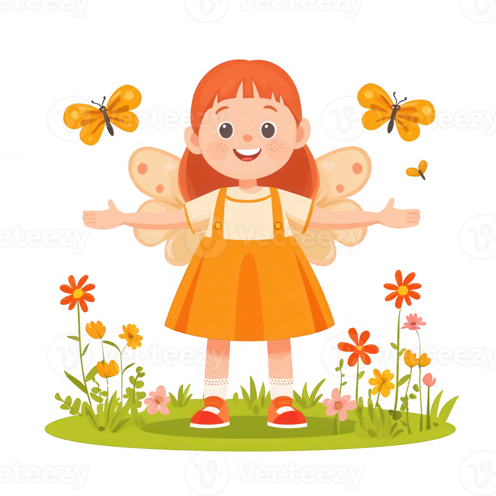 A cheerful girl with red hair and butterfly wings stands amidst colorful flowers, smiling and surrounded by butterflies, representing joy and nature's beauty. png