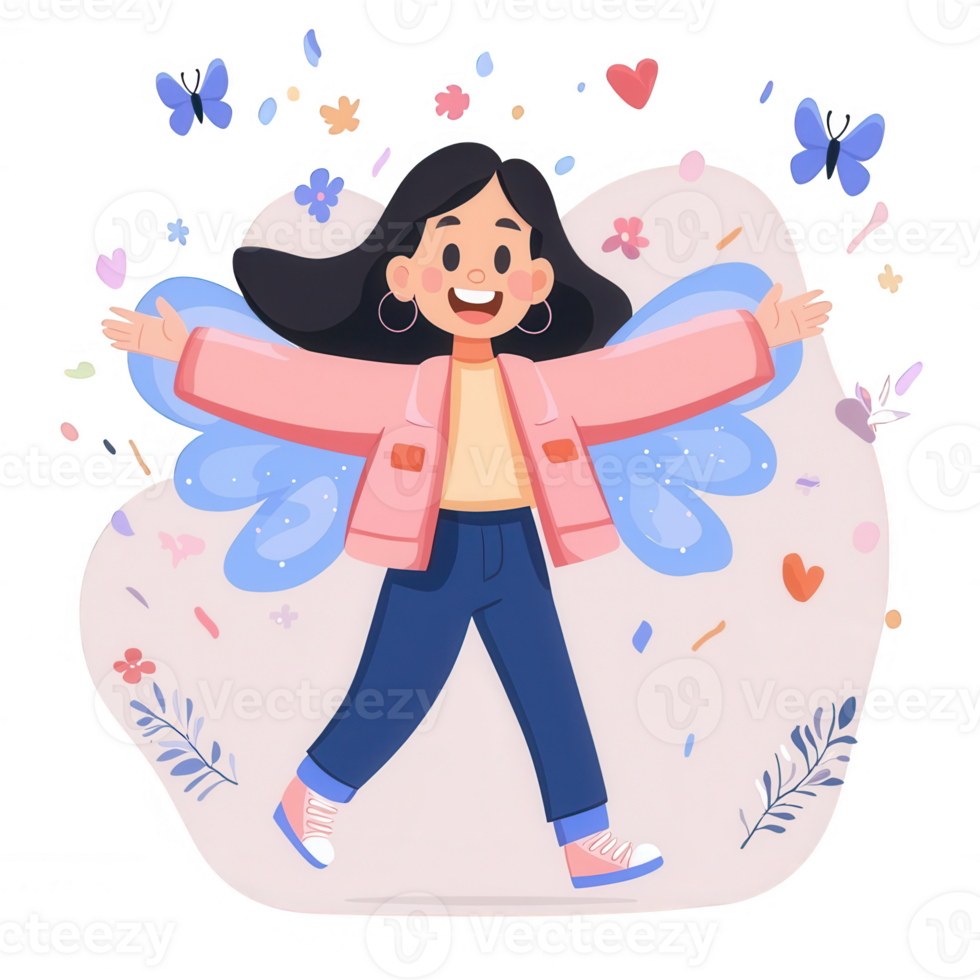 A cheerful girl with butterfly wings, surrounded by flowers and butterflies, expressing joy and freedom. Perfect for themes of happiness and self-expression. png