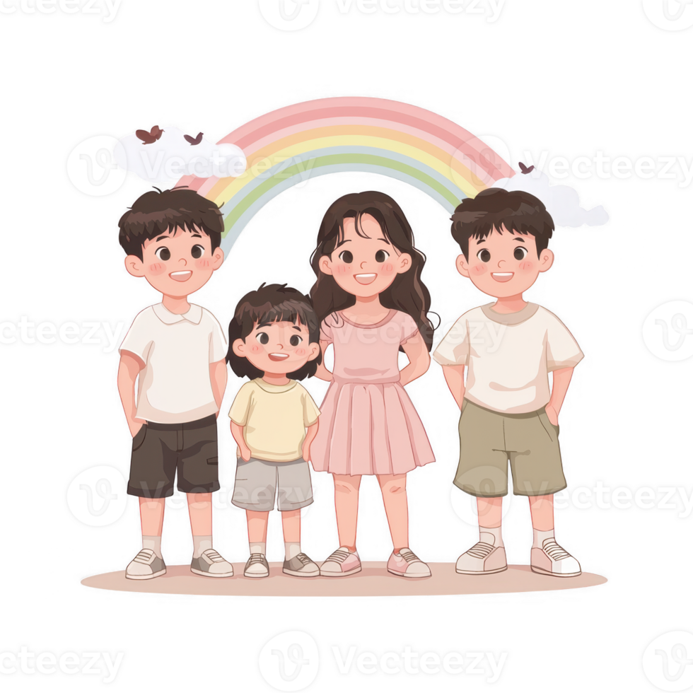 A cheerful group of four children standing together under a colorful rainbow, radiating joy and friendship against a simple white background. png