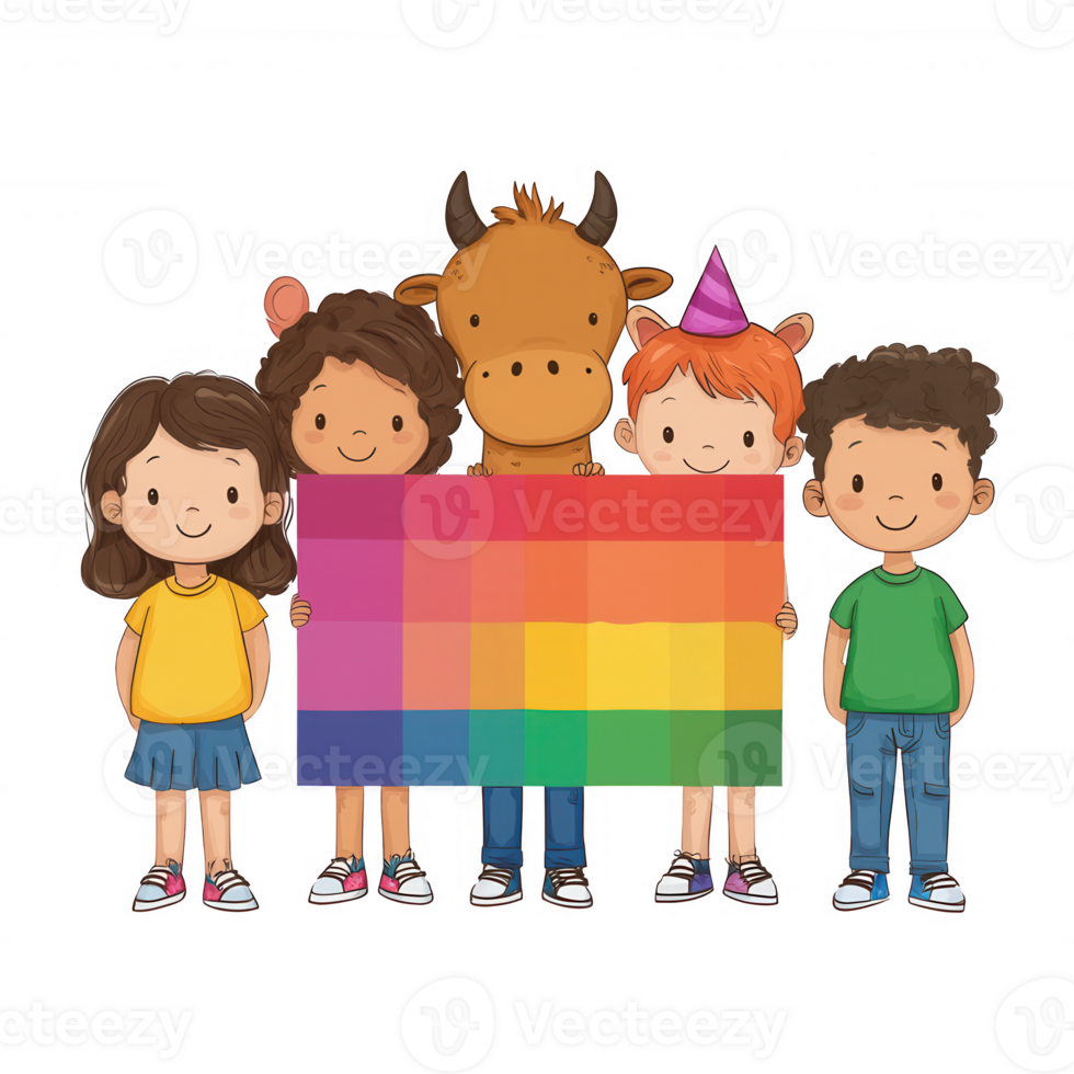 A cheerful group of children holding a colorful banner alongside a friendly cartoon cow. The illustration conveys a sense of fun and inclusivity in a festive atmosphere. png