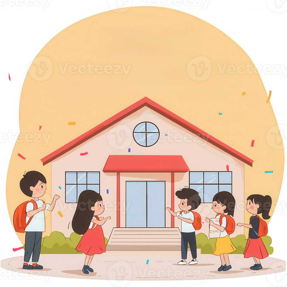 A cheerful group of children celebrating in front of a school building, with colorful confetti in the air, showcasing a joyful moment of childhood. png