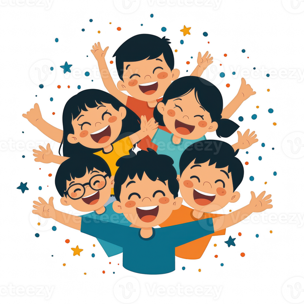 A cheerful group of six children celebrating together, laughing and enjoying with raised hands, set against a vibrant, colorful background. png
