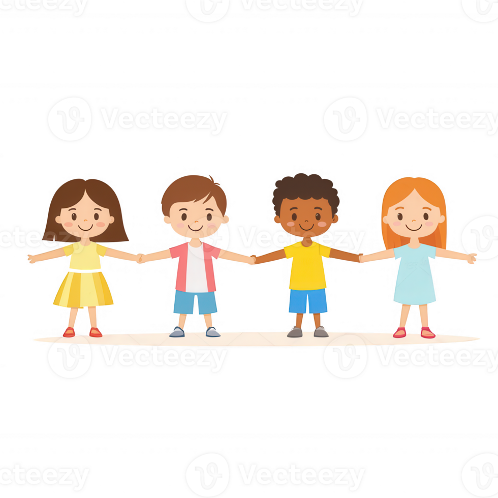A cheerful illustration of four diverse children standing in a row, holding hands and smiling, representing friendship and unity. Ideal for educational or social themes. png