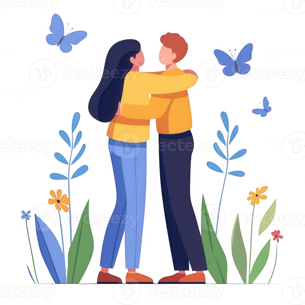 A cheerful illustration of a couple embracing amidst colorful flowers and butterflies, conveying love and happiness in a vibrant outdoor setting. png