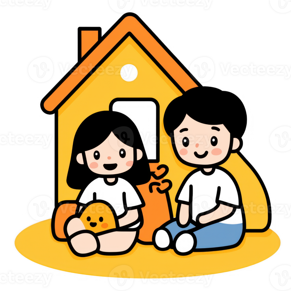 A cheerful illustration of two children sitting together at home, surrounded by cozy elements. The scene radiates warmth and playfulness, perfect for family-friendly themes. png