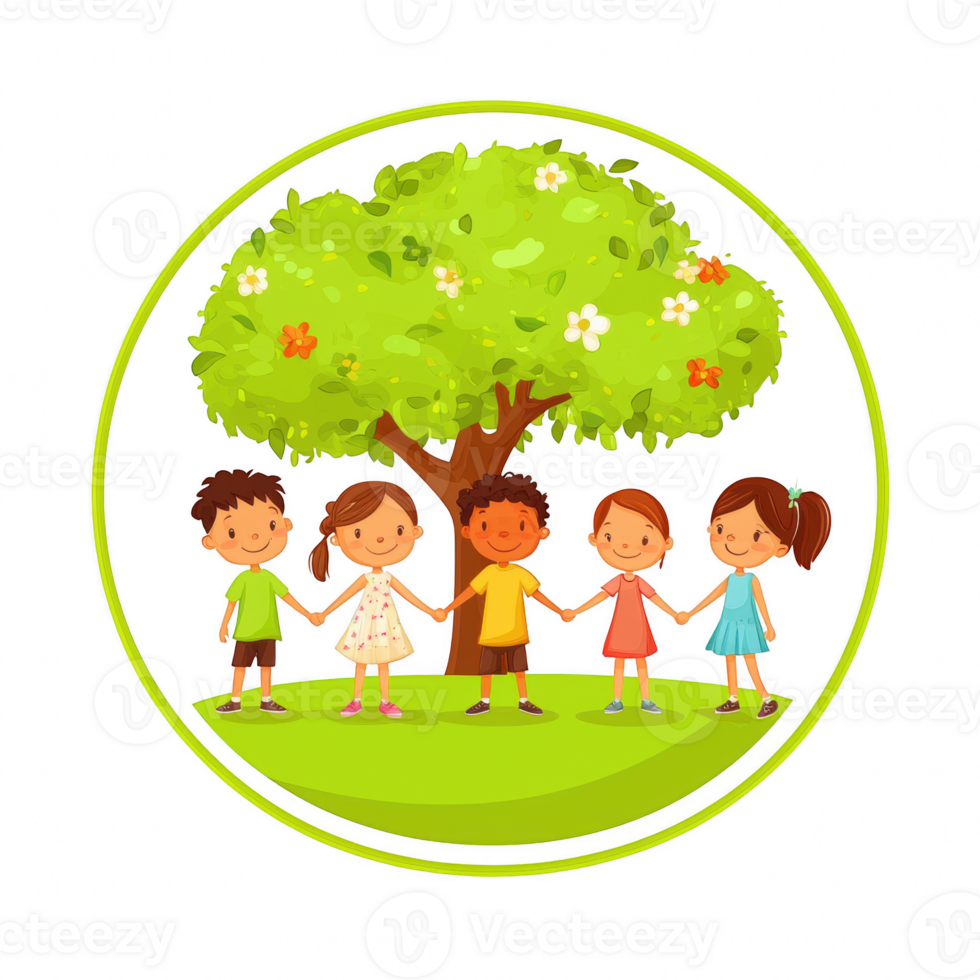 A cheerful illustration of five children holding hands under a leafy tree, representing friendship and community in a vibrant outdoor setting. png