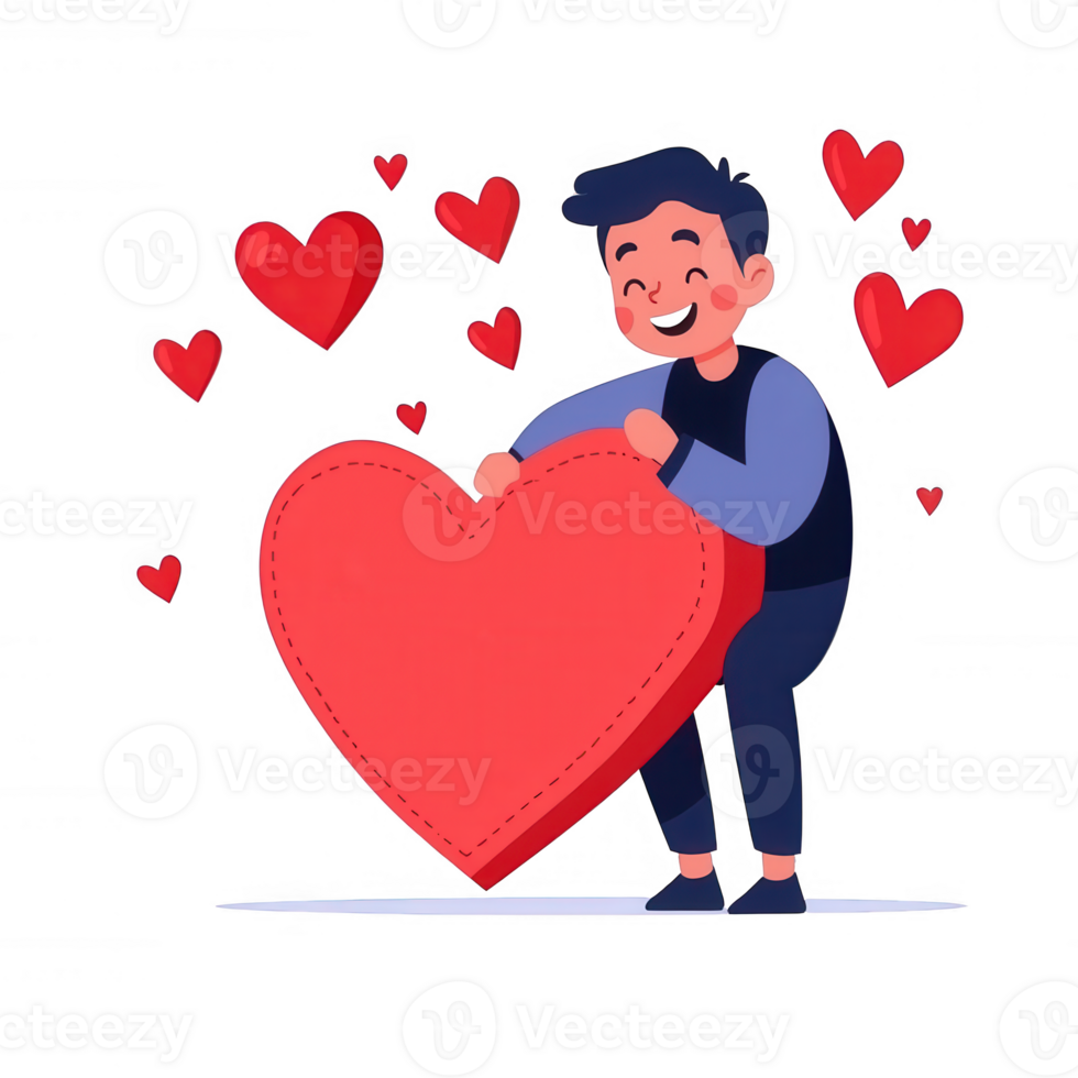 A cheerful person holding a large red heart surrounded by floating hearts, symbolizing love and affection on a white isolated background. png