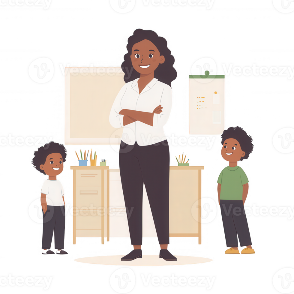 A cheerful teacher stands confidently in a classroom with two smiling students, surrounded by learning tools and resources, highlighting a positive educational environment. png