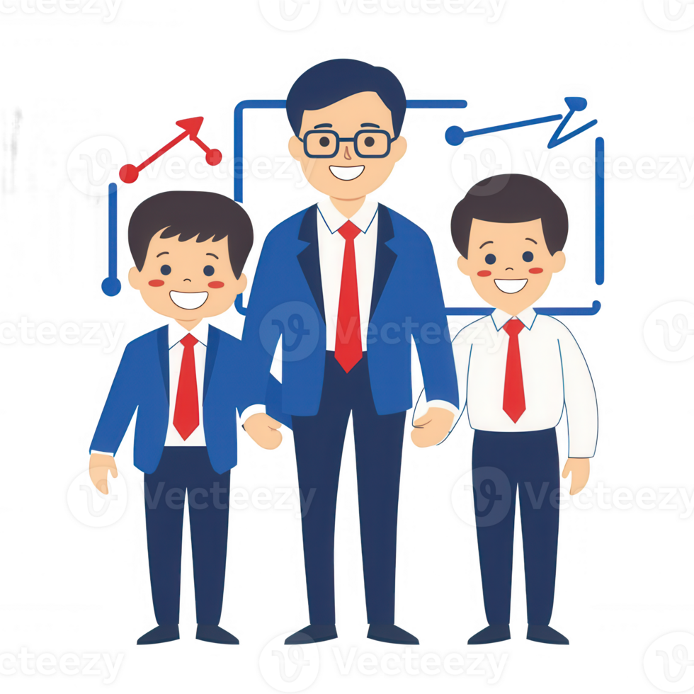 A cheerful man in a suit standing between two smiling boys. They are looking confident and happy, set against a backdrop of abstract upward trends. png