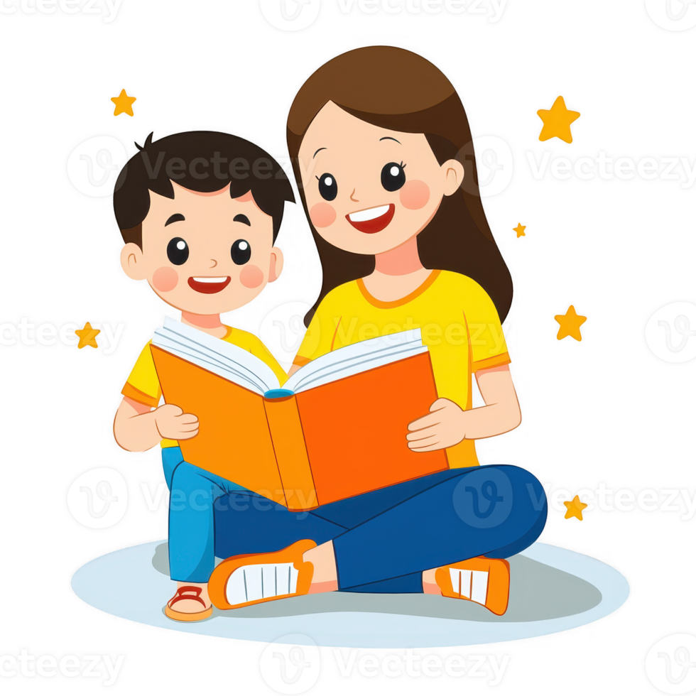 A cheerful mother and son reading a book together, surrounded by stars, showcasing joy and bonding through storytelling. png