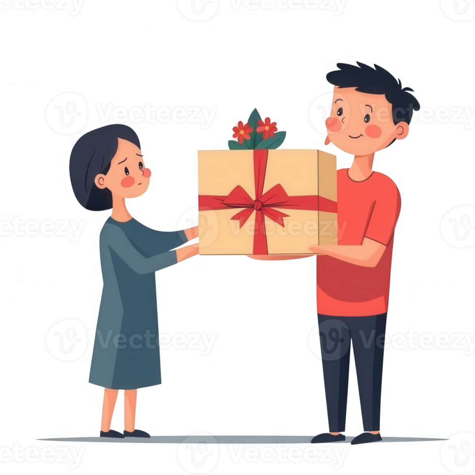 A cheerful scene of a woman receiving a gift from a man, both smiling, showcasing the joy of giving and receiving. Ideal for themes of celebration and relationships. png