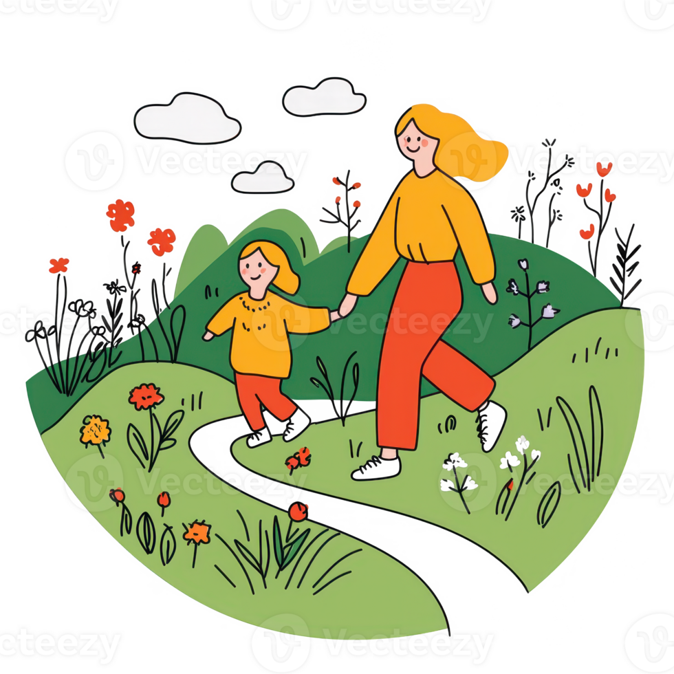 A cheerful scene depicting a mother and child walking hand in hand through a colorful landscape with flowers and hills, enjoying nature and quality time together. png
