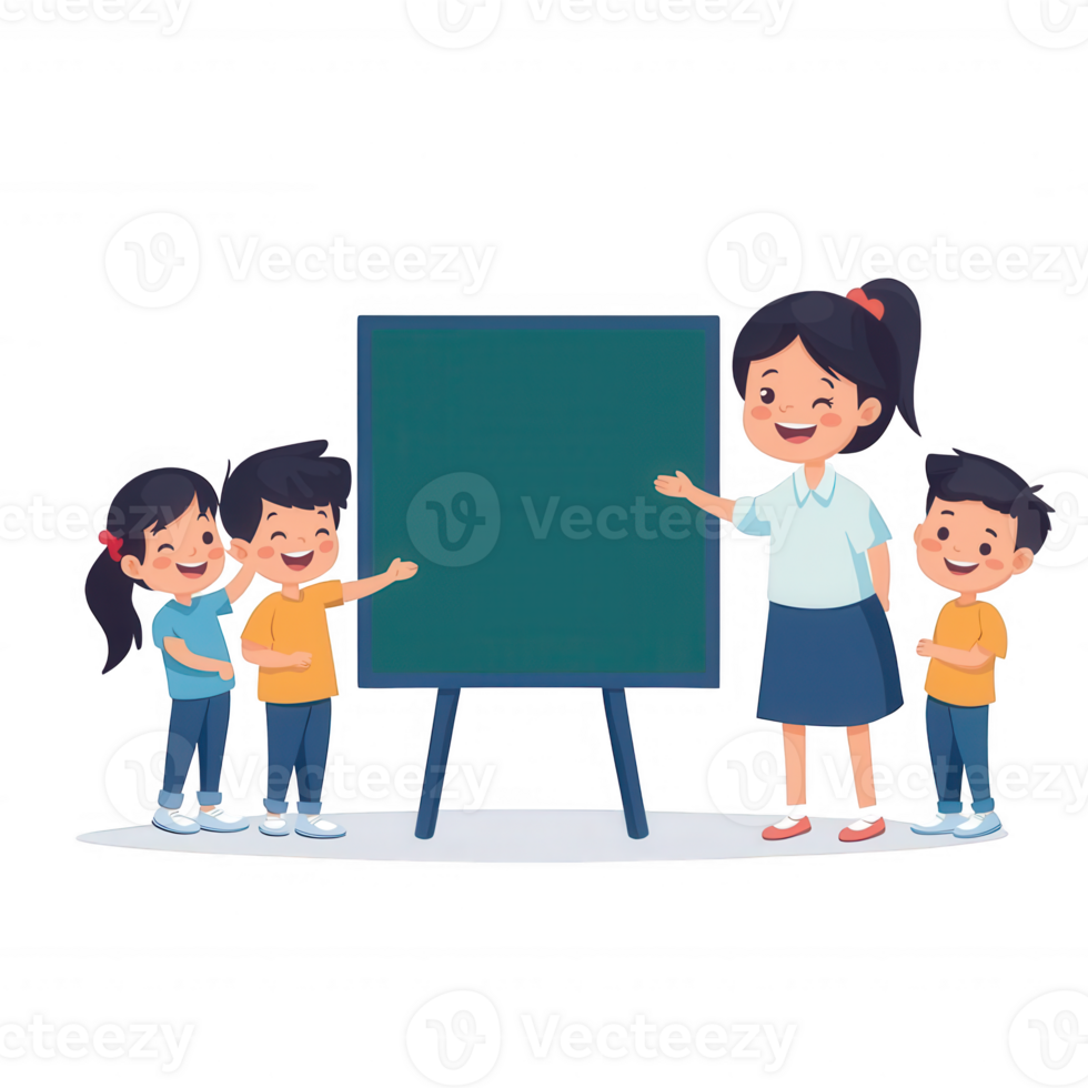 A cheerful teacher with students engaging around a blank chalkboard, promoting a collaborative learning environment in a vibrant and friendly classroom setting. png