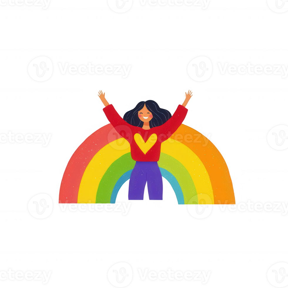 A cheerful woman stands with raised arms in front of a vibrant rainbow, celebrating joy and diversity. The colorful scene symbolizes happiness and inclusivity. png