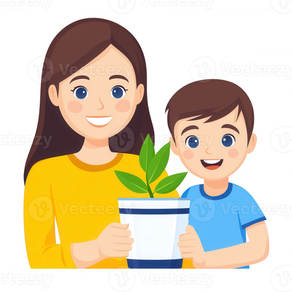 A cheerful woman and child proudly holding a potted plant, showcasing a love for nature and gardening. png