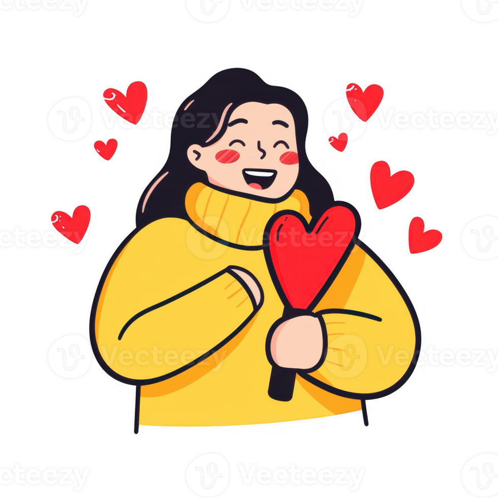 A cheerful woman in a yellow sweater holding a heart shape, surrounded by love hearts, expressing joy and affection on a white isolated background. png