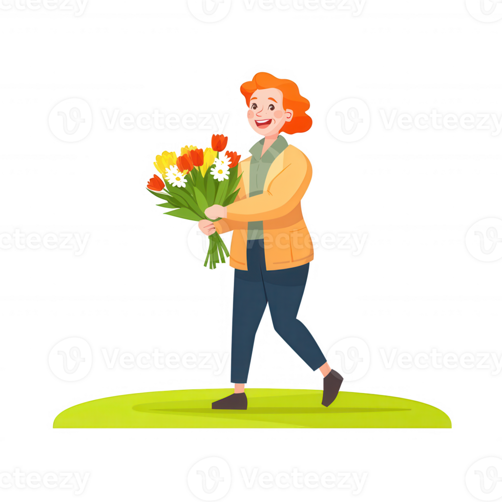 A cheerful woman walks joyfully while holding a vibrant bouquet of flowers, showcasing a bright and happy lifestyle. Ideal for themes of happiness and nature appreciation. png