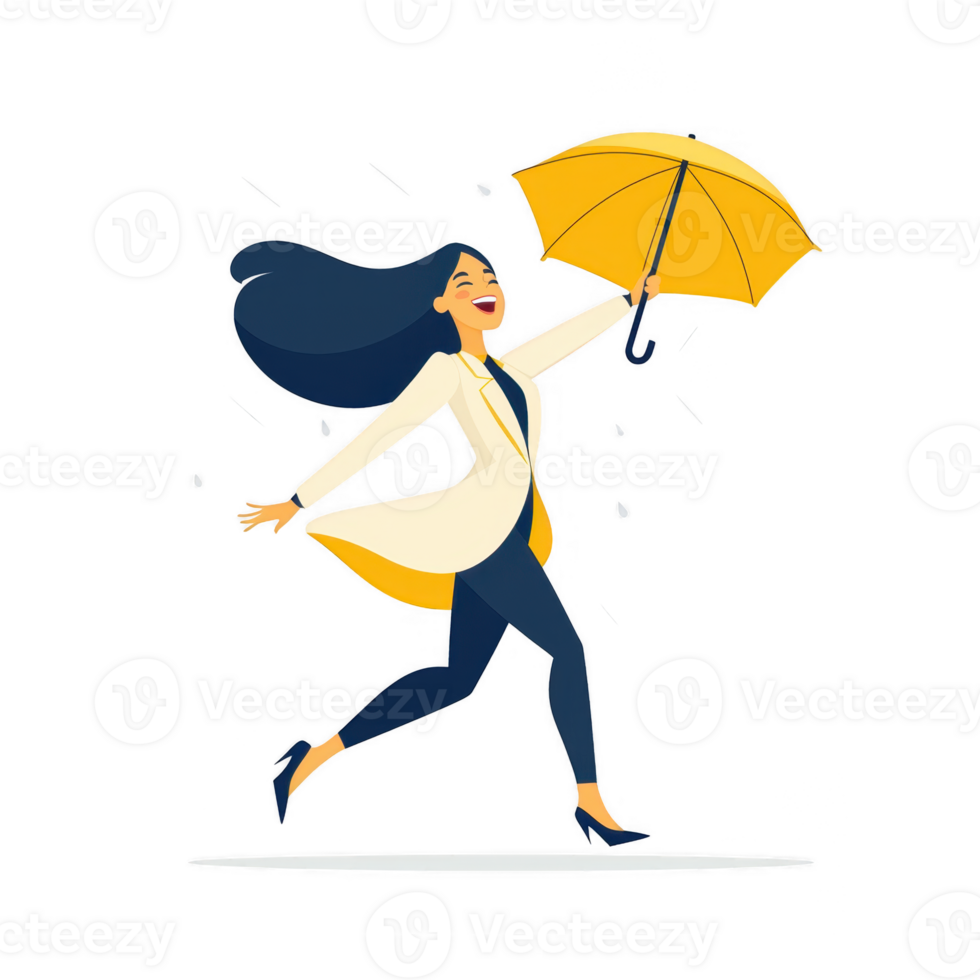 A cheerful woman with a yellow umbrella joyfully walks in the rain, showcasing a spirit of positivity amidst gloomy weather. Her vibrant attire contrasts with the falling drops. png