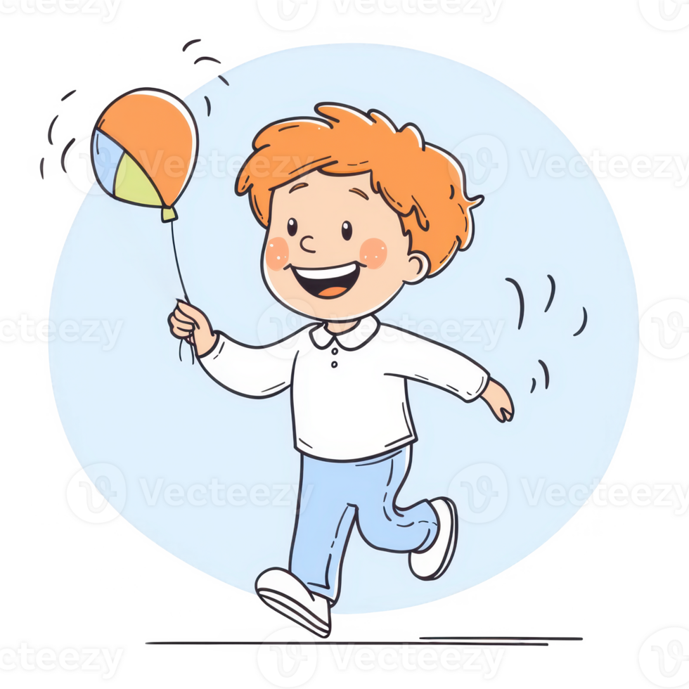 A cheerful young boy running joyfully while holding a colorful balloon, capturing the essence of childhood happiness and playfulness. png