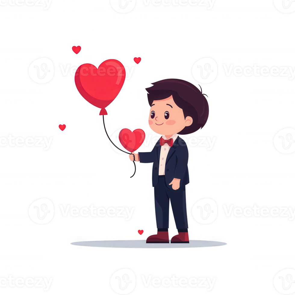 A cheerful young boy in a suit holding heart-shaped balloons, surrounded by small heart icons. A playful illustration representing love and joy. png