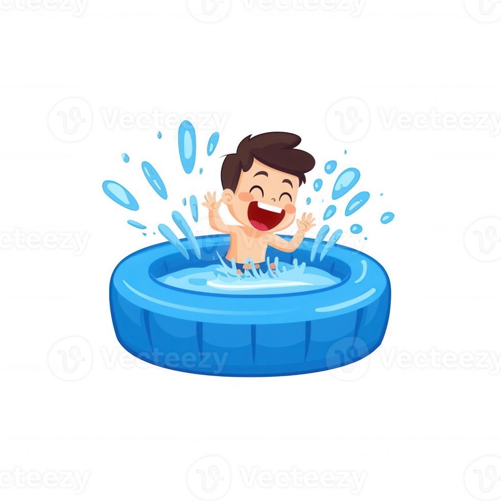 A cheerful young boy splashes joyfully in a blue inflatable pool, surrounded by water droplets, capturing the essence of summertime fun and playfulness. png