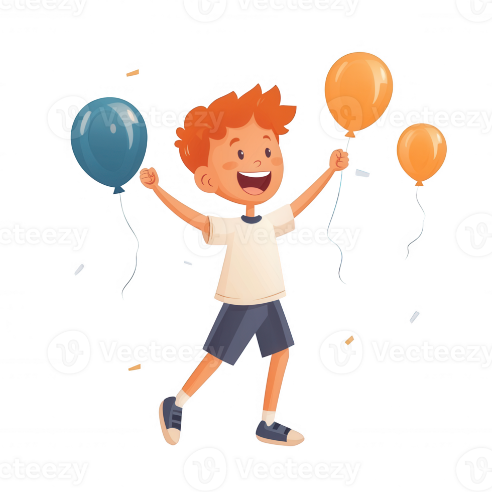A cheerful young boy with orange hair joyfully holds three colorful balloons, celebrating an event. His expression radiates happiness and excitement, perfect for festive themes. png