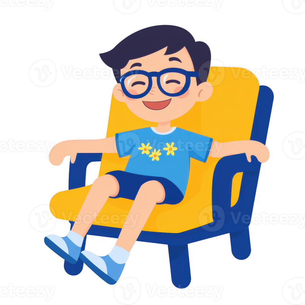 A cheerful young boy wearing glasses sits comfortably in a bright yellow chair, exuding happiness and enjoyment in a cozy setting. png