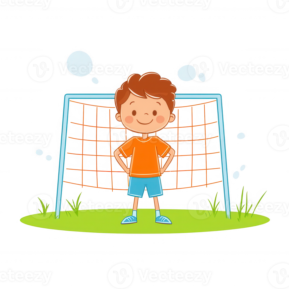 A cheerful young boy standing confidently in front of a soccer goal, wearing an orange shirt and blue shorts, with playful bubbles around him, illustrating a love for soccer. png