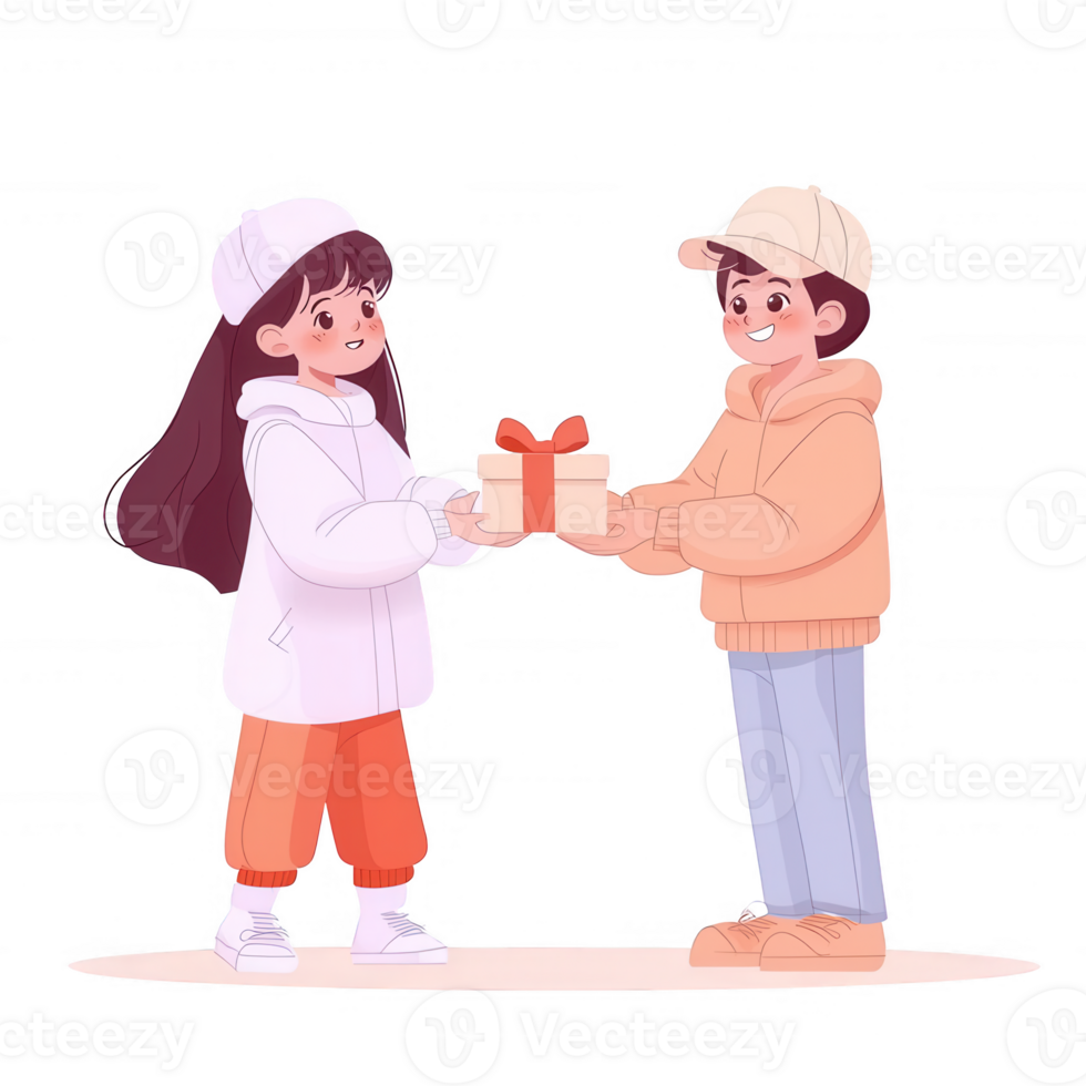 A cheerful young girl and boy exchanging a gift, dressed in cozy winter attire, showcasing themes of friendship and generosity. png