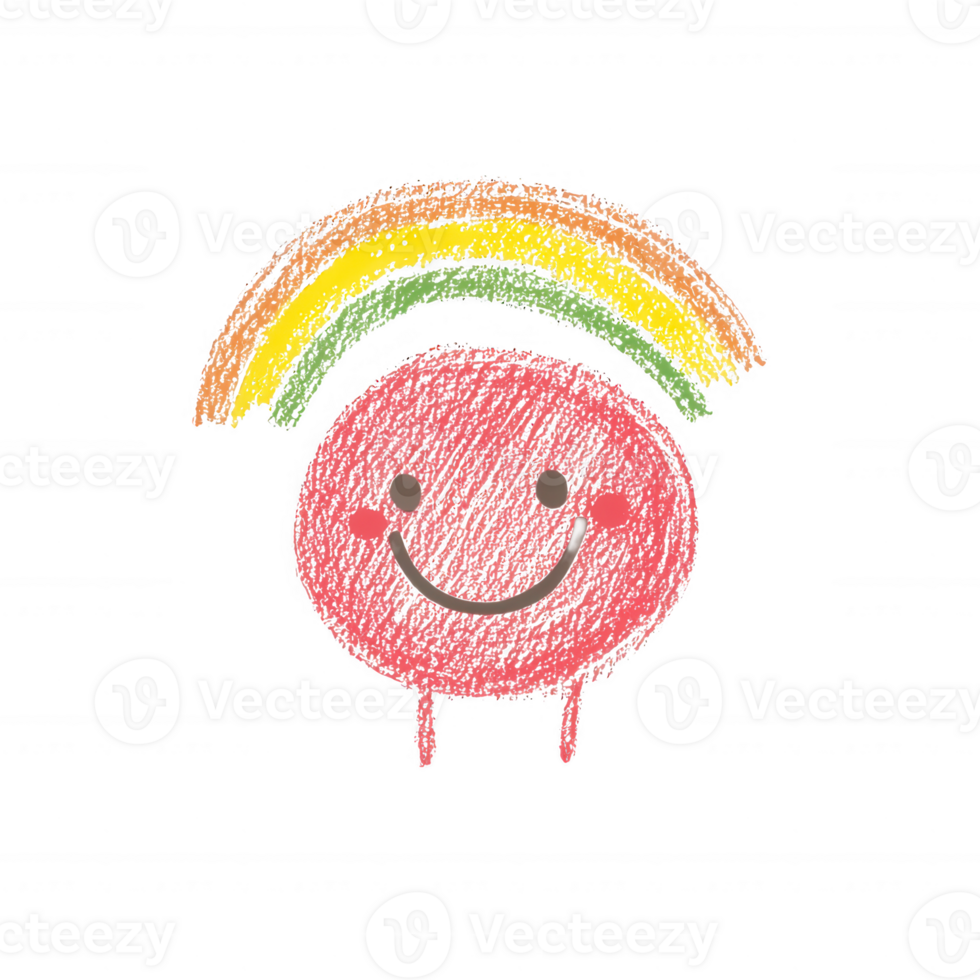 A cheerful, hand-drawn character with a smile, featuring a rainbow above it. The illustration conveys positivity and happiness, perfect for fun and vibrant designs. png
