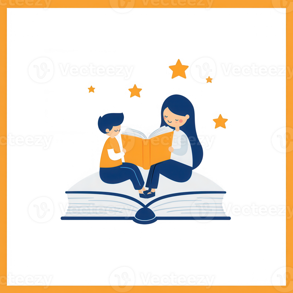 A child and an adult engaged in reading together on a large open book, surrounded by whimsical stars. Illustrates the joy of storytelling and learning. png