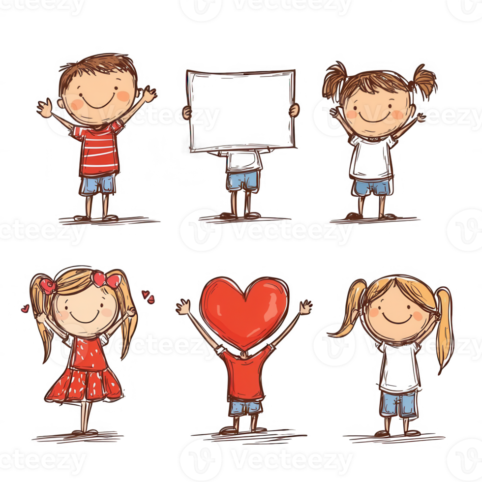 A collection of playful, hand-drawn illustrations featuring children expressing joy and creativity with cheerful poses and props. png