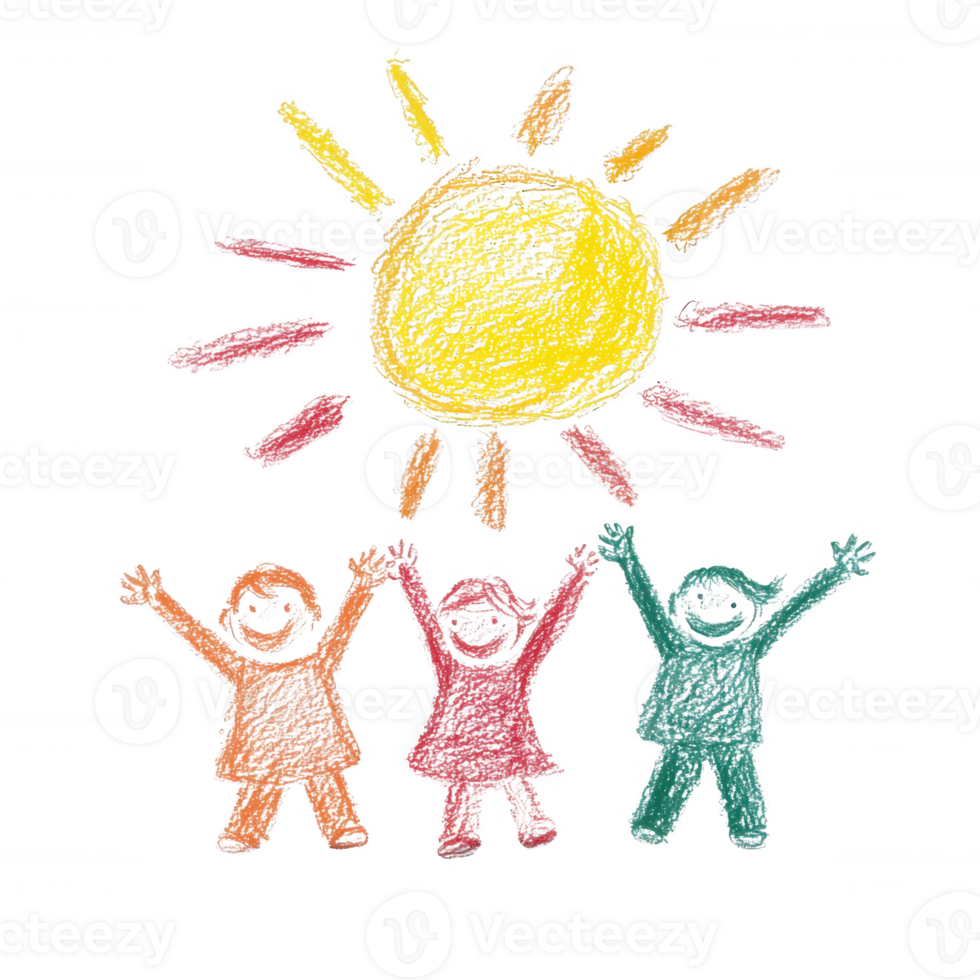 A colorful drawing of three joyful children celebrating under a radiant sun, expressing happiness and togetherness. A vibrant representation of childhood innocence and joy. png