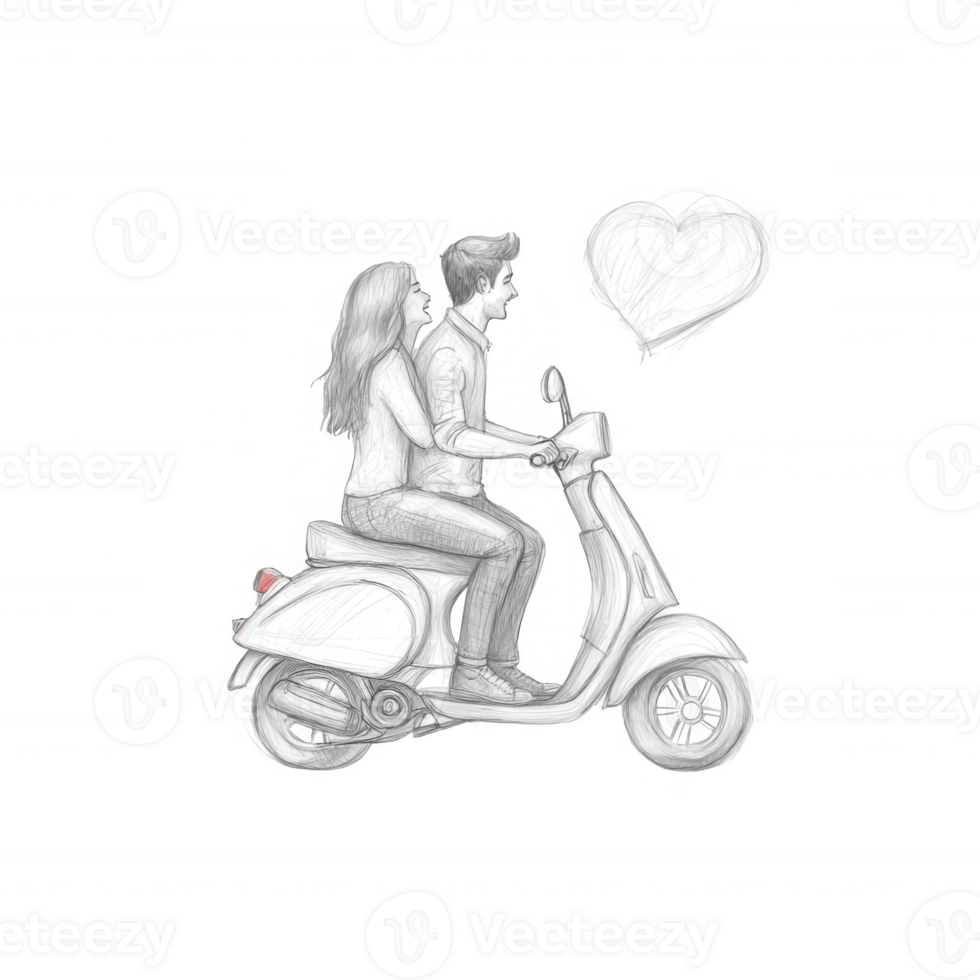 A couple joyfully riding a scooter together, depicted in a whimsical sketch style with a love heart above them, perfect for representing romance and adventure. png
