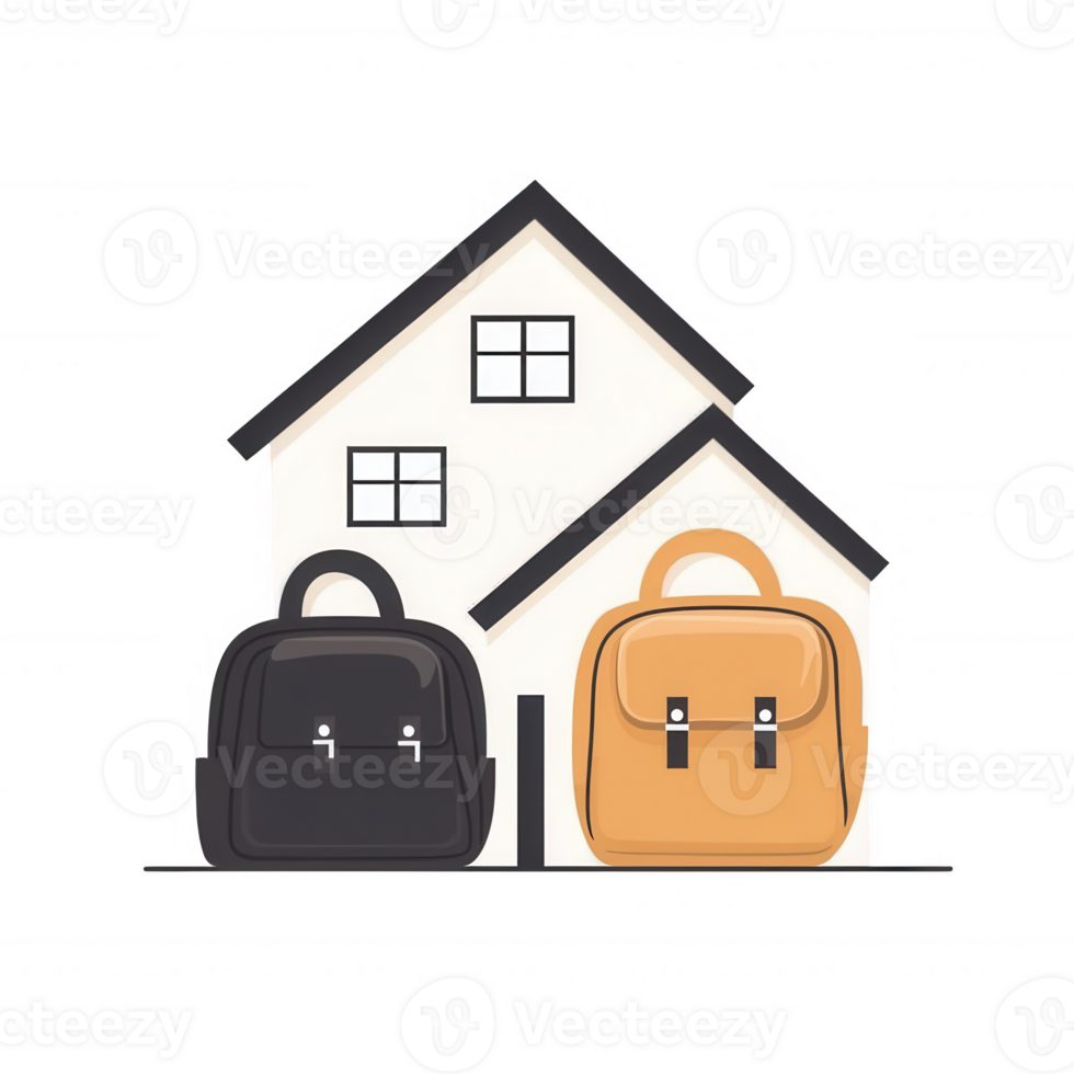 A cozy illustration of a house with two stylish backpacks, symbolizing comfort and everyday life essentials, ideal for school or work. png