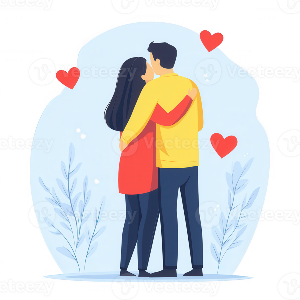 A couple embracing each other against a soft backdrop with hearts and plants, symbolizing love and connection in a modern illustration style. png