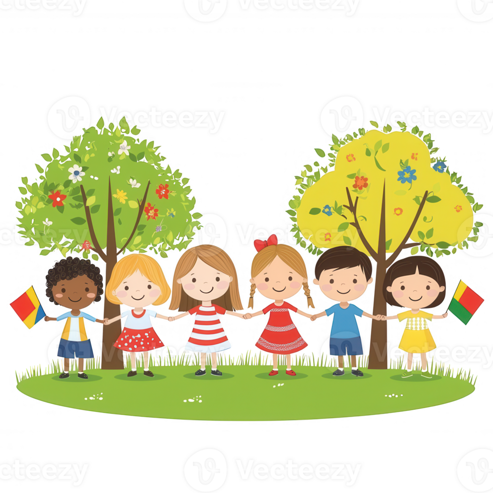 A colorful illustration of six diverse children holding hands and standing together in a park with trees and flowers, symbolizing friendship and unity. png