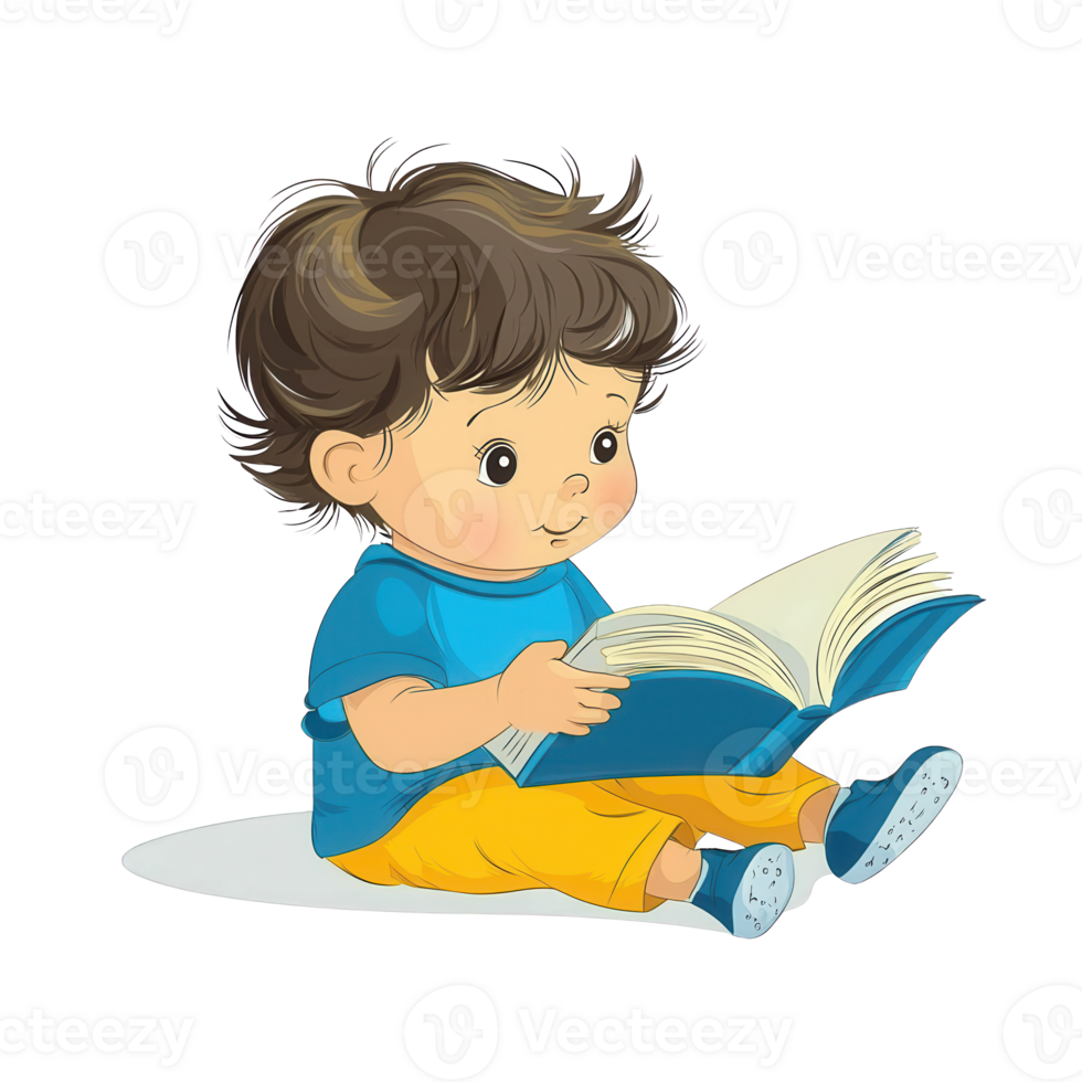 A cute child sitting and reading a book, showing curiosity and engagement with literature, perfect for educational themes and childhood development. png