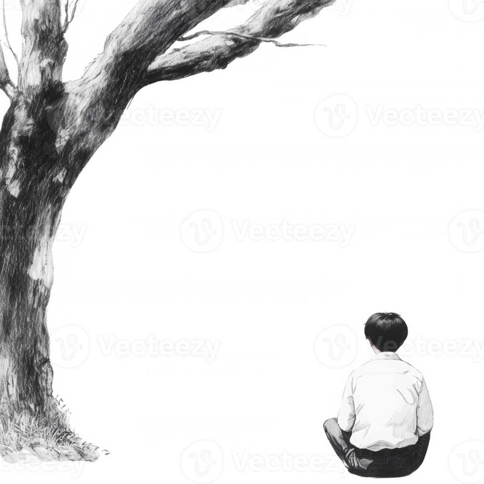 A contemplative scene depicting a boy sitting beneath a tree, lost in thought, conveying solitude and introspection. png