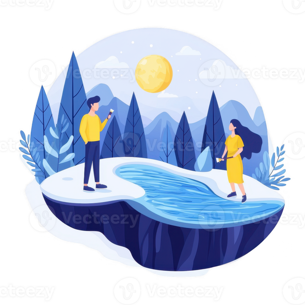 A couple enjoying a serene winter landscape, standing on an icy terrain near a peaceful pond, with mountains and a bright moon creating a magical atmosphere. png