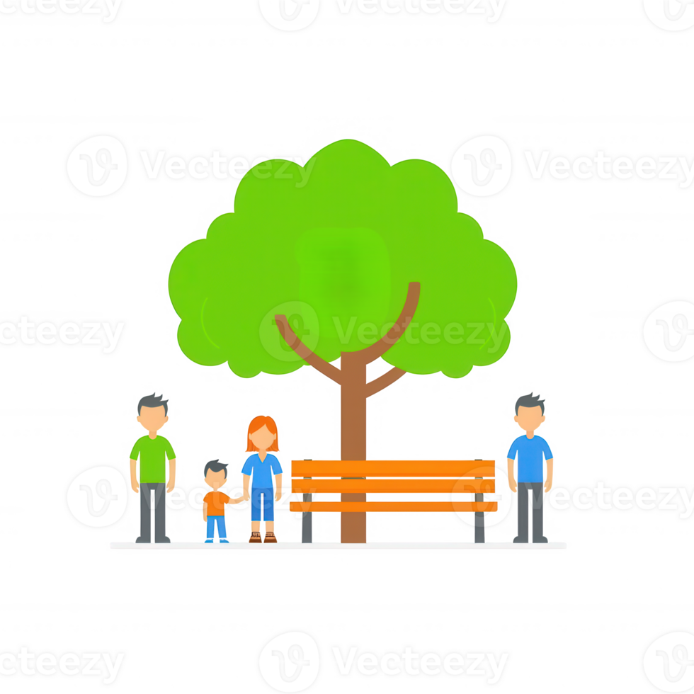 A family enjoying a day at the park under a large green tree, sitting on a wooden bench with children playing nearby. A serene and joyful outdoor scene. png