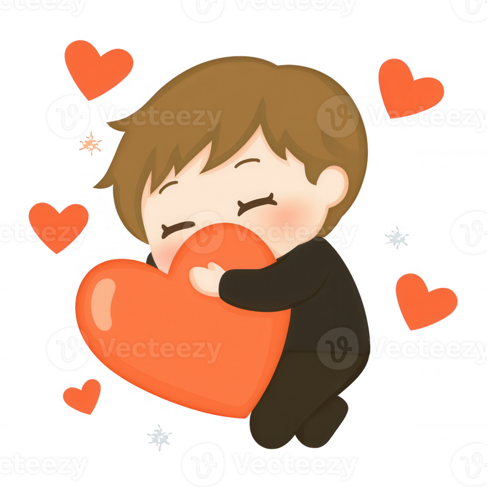 A cute cartoon character holding a large heart with a joyful expression, surrounded by small hearts. Perfect for conveying love and affection in various designs. png