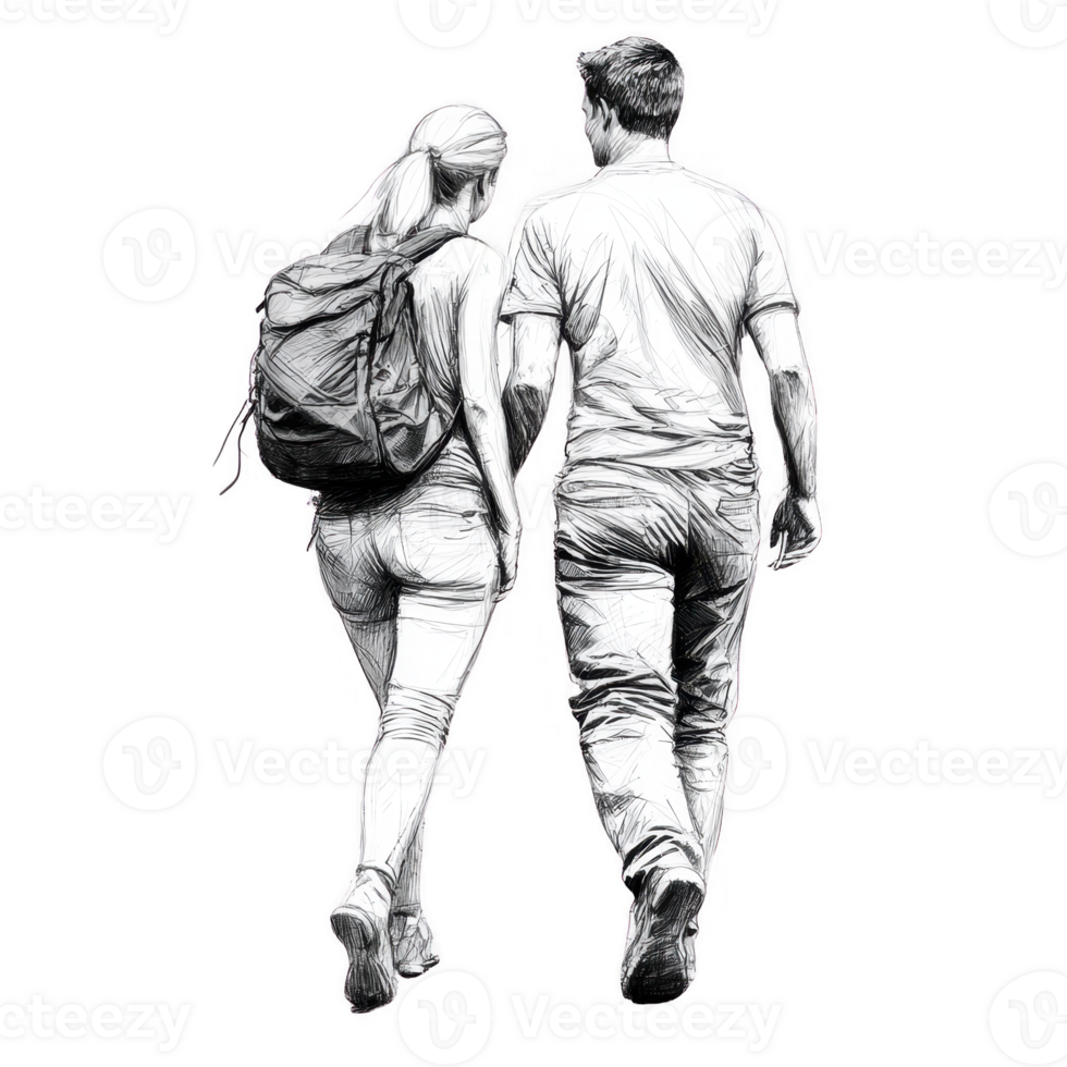 A couple walking together, showcasing a casual and happy moment, perfect for illustrating relationships and companionship against a clean white background. png