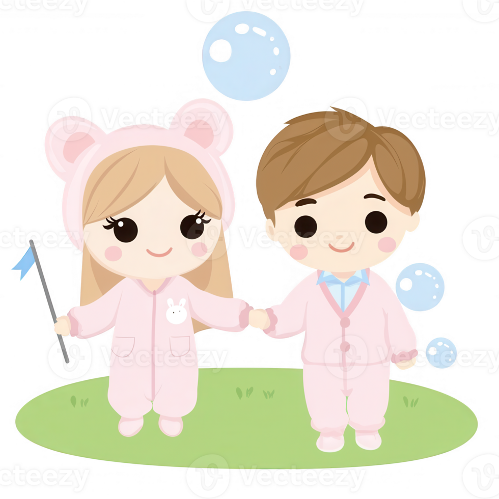 A cute illustration of two children holding hands in adorable outfits, surrounded by bubbles. Perfect for conveying joy, friendship, and childhood memories. png