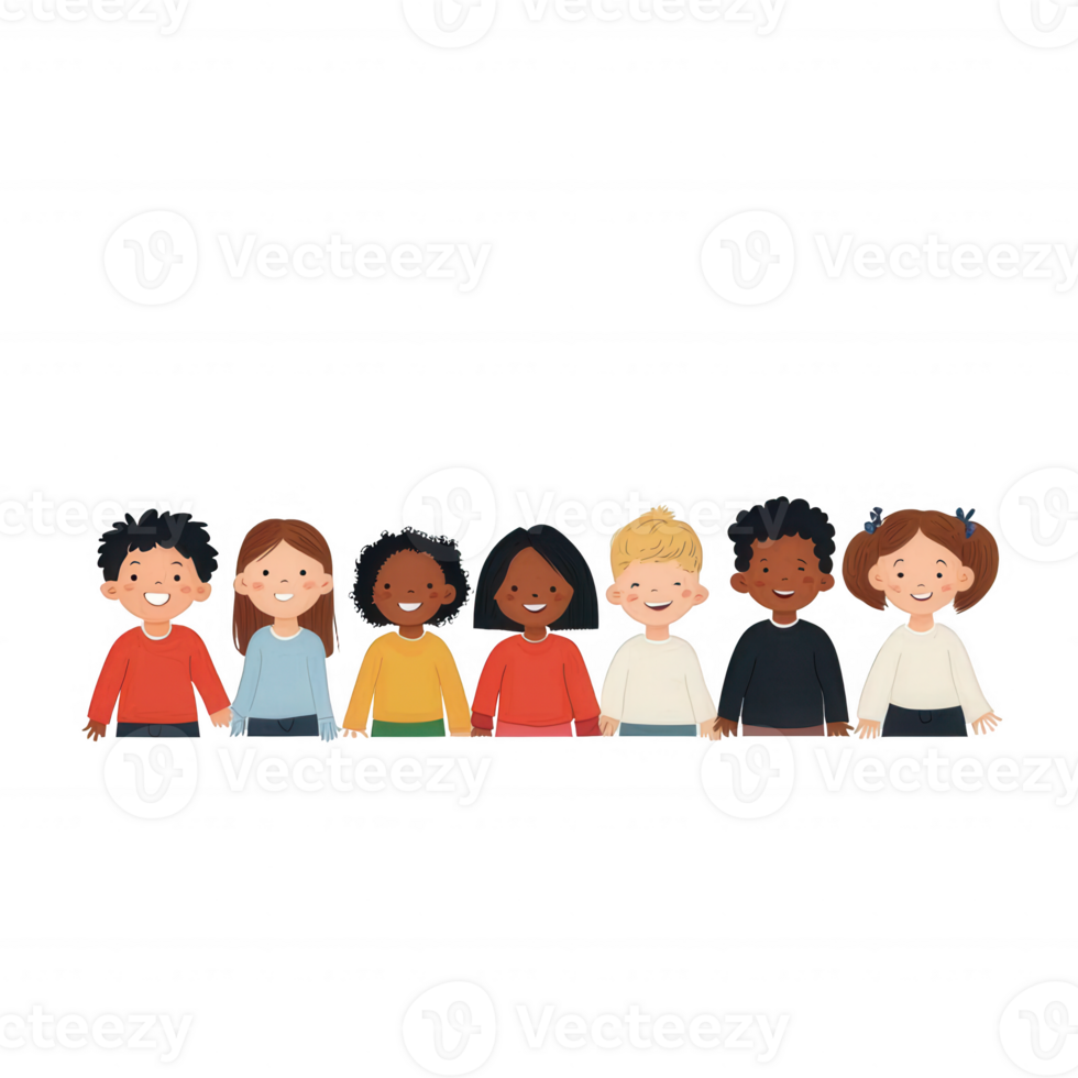 A diverse group of children standing together, smiling and holding hands. They represent friendship, unity, and multiculturalism against a white isolated background. png